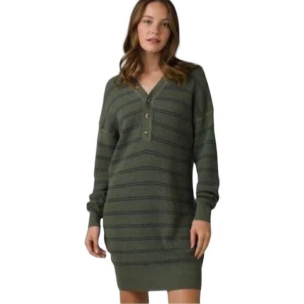 prAna Milani Long Sleeve Olive/Navy Striped Dress